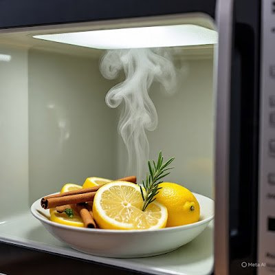 Uma linda tigela branca cheia de rodelas de limão, paus de canela e alecrim dentro de um micro-ondas, emitindo um vapor suave. O cenário é convidativo e outonal. --ar 4:3