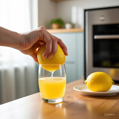 Um limão amarelo brilhante sendo espremido por mãos elegantes sobre um copo, com gotas de suco voando. Um segundo limão inteiro está sobre um prato dentro de um micro-ondas aberto. Estilo fresco e vibrante. --ar 4:3