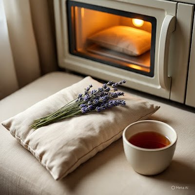Uma bolsa térmica feita à mão, feita de linho, cheia de arroz e raminhos de lavanda, repousa sobre um sofá ao lado de uma xícara de chá. O micro-ondas está aberto ao fundo, com uma bolsa semelhante dentro. Ambiente aconchegante e acolhedor.