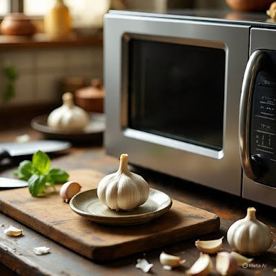 Uma cabeça de alho sobre uma tábua de corte, com vários dentes já descascados sem esforço. Um dente está em um pratinho dentro do micro-ondas. Estilo rústico e prático. --ar 4:3