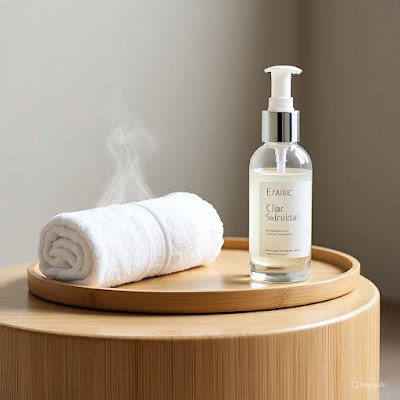 Uma pequena toalha branca enrolada em uma bandeja de bambu ao lado de um sérum para a pele. A toalha está levemente úmida, como se tivesse acabado de esquentar. Estética limpa, minimalista, estilo spa.