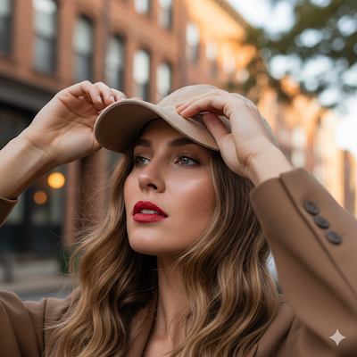 Close detalhado de modelo feminina ajustando um boné baseball bege em seu cabelo, mostrando mechas soltas laterais enquadrando o rosto. Maquiagem natural com pele iluminada e batom vermelho. Fundo desfocado de rua urbana, luz do final da tarde.