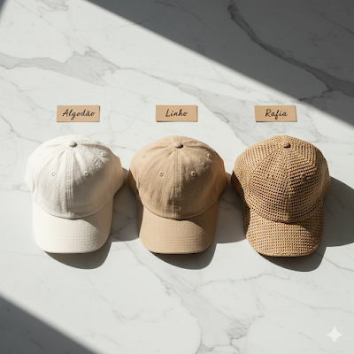Foto de produto flat lay de três bonés femininos de tecidos diferentes: algodão cru, linho bege e ráfia natural, sobre fundo de mármore branco, com etiquetas indicando 'Algodão', 'Linho', 'Ráfia'. Luz natural e sombras suaves.