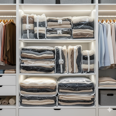 sacos organizadores a vácuo empilhados no armário branco, roupeiro organizado, espaço otimizado, vida organizada