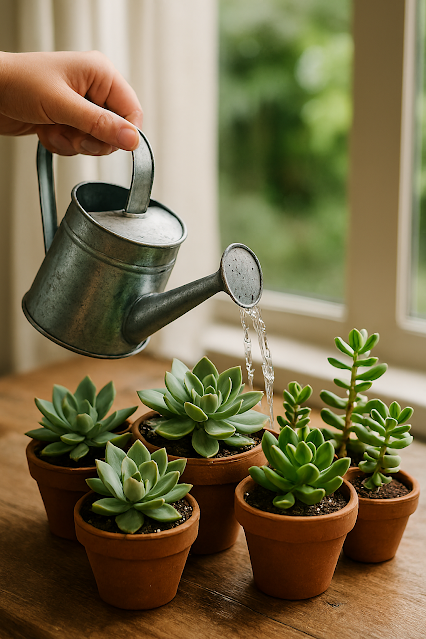 Mão segurando regador metálico despeja água suavemente sobre suculentas verdes em vasos de barro, dispostos sobre uma mesa de madeira próxima à janela com luz natural.