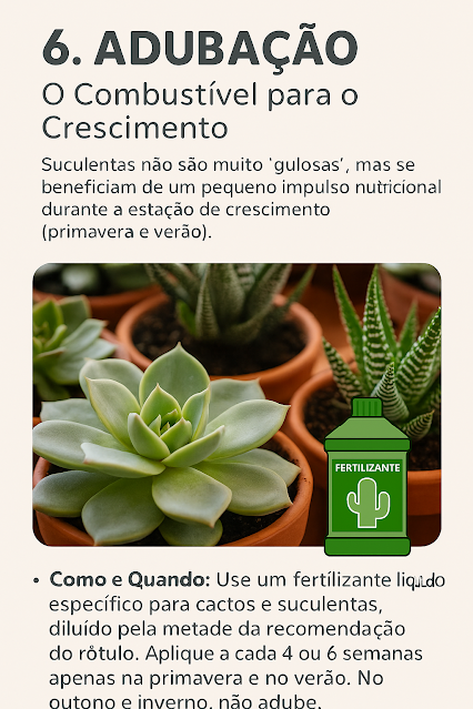 Imagem educativa mostrando o tema “Adubação: o combustível para o crescimento” com suculentas saudáveis em vasos de cerâmica, recebendo adubo líquido com um regador pequeno ou seringa de jardinagem. Ao fundo, frasco de fertilizante líquido específico para cactos e suculentas. Tons naturais e iluminação suave. O texto destaca orientações: aplicar o adubo diluído pela metade da recomendação do rótulo, a cada 4 a 6 semanas, apenas na primavera e no verão — sem adubar no outono e inverno.