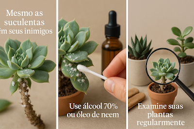 Carrossel educativo mostrando o passo a passo para identificar, tratar e prevenir cochonilhas em suculentas. Inclui suculentas infestadas, tratamento com álcool 70% e óleo de neem, e cuidados preventivos com inspeção das folhas.