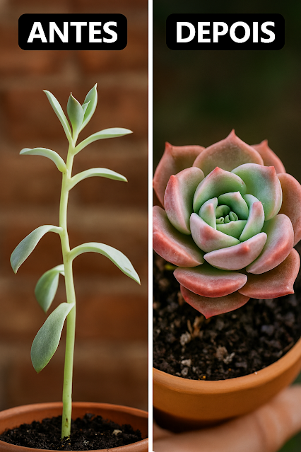 Diferença entre uma suculenta saudável com sol adequado e uma estiolada com falta de luz.