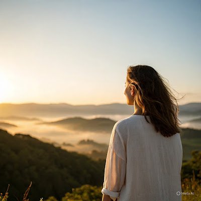 Mulher relaxada contemplando a natureza, simbolizando paz mental e vitalidade como novo luxo