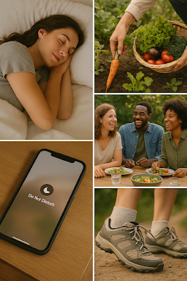 Collage de hábitos para cultivar bem-estar: sono, comida real, terapia e natureza