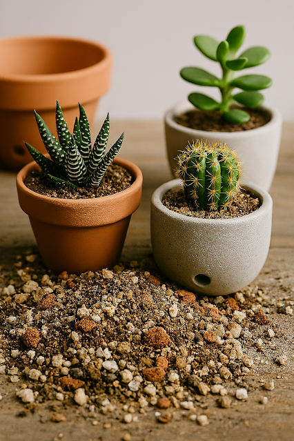 Substrato ideal para cactos e suculentas com textura arenosa e porosa — composto por areia grossa, perlita, pedriscos e terra vegetal leve — ao lado de vasos específicos com drenagem visível, feitos de barro, cerâmica e cimento. Pequenas suculentas e cactos saudáveis plantados nos vasos, sobre superfície de madeira rústica, com fundo neutro e iluminação natural suave. Estilo editorial botânico, foco nos detalhes do solo e dos recipientes.