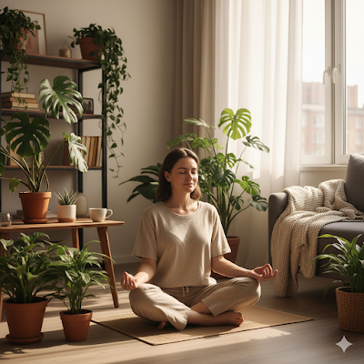 Mulher meditando em casa, mostrando que o novo luxo é acessível e prático