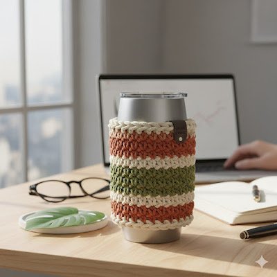 Artesanato em crochê: capa protetora para garrafa térmica. Exemplo de projeto de crochê artesanal rápido e satisfatório, perfeito para presentear ou para uma pausa relaxante de autocuidado criativo.