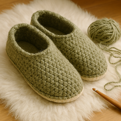 Artesanato em crochê como autocuidado: pantufas caseiras felpudas e aconchegantes, feitas à mão com pontos de crochê.