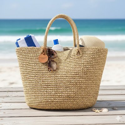 Bolsa de crochê artesanal de ráfia para praia ou piscina, exemplo de crochê com estilo e funcionalidade no verão.