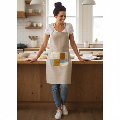 Artesanato em crochê como autocuidado: avental moderno de crochê para cozinha. Projeto de crochê criativo que alia design limpo, funcionalidade e expressão pessoal em uma atividade prazerosa.