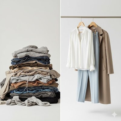 Antes e depois simbólico: à esquerda, pilha de roupas velhas e desgastadas; à direita, cabide com roupas bonitas e bem cuidadas, composição minimalista, fundo claro, iluminação contrastante