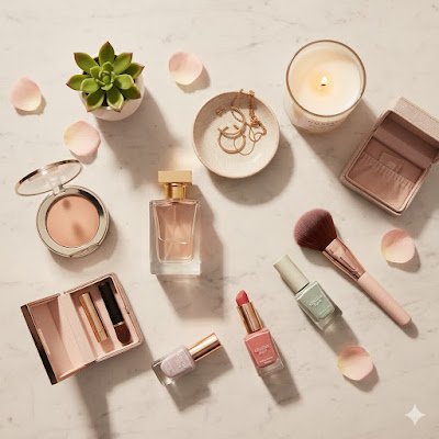 Vista superior de penteadeira organizada com produtos de beleza, perfume, joias e velas, arranjo esteticamente agradável, luz suave, estilo flat lay, cores harmoniosas