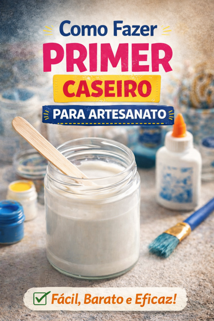 Pote de vidro com primer caseiro branco sendo misturado sobre mesa de artesanato, com pincel, tintas e cola ao fundo. Imagem ilustrativa de tutorial sobre como fazer primer caseiro para artesanato de forma fácil e econômica.