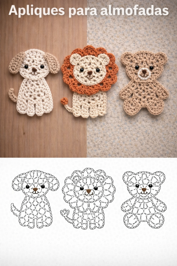 Apliques de animais de croche para almofadas