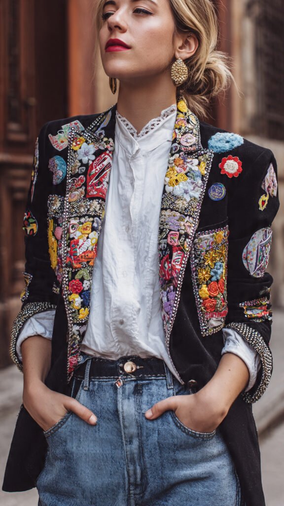 Blazer vintage repaginado com patches coloridos, moda sustentável cheia de personalidade e estilo urbano.