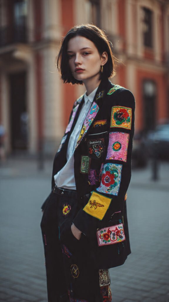 Blazer vintage repaginado com patches coloridos, moda sustentável cheia de personalidade e estilo urbano.