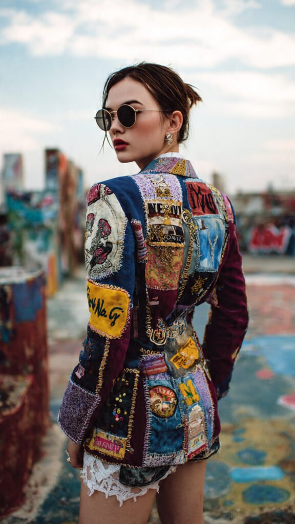 Blazer vintage repaginado com patches coloridos, moda sustentável cheia de personalidade e estilo urbano.