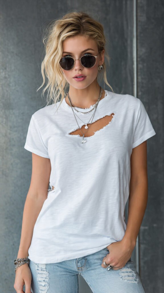 Camiseta branca básica com muitos recortes destroyed combinados com formas , combinada com jeans skinny e acessórios minimalistas, estilo casual moderno
