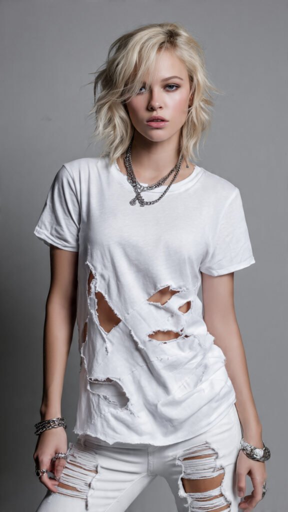 Camiseta branca básica com muitos recortes destroyed combinados com formas , combinada com jeans skinny e acessórios minimalistas, estilo casual moderno
