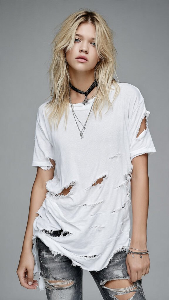 Camiseta branca básica com muitos recortes destroyed combinados com formas , combinada com jeans skinny e acessórios minimalistas, estilo casual moderno
