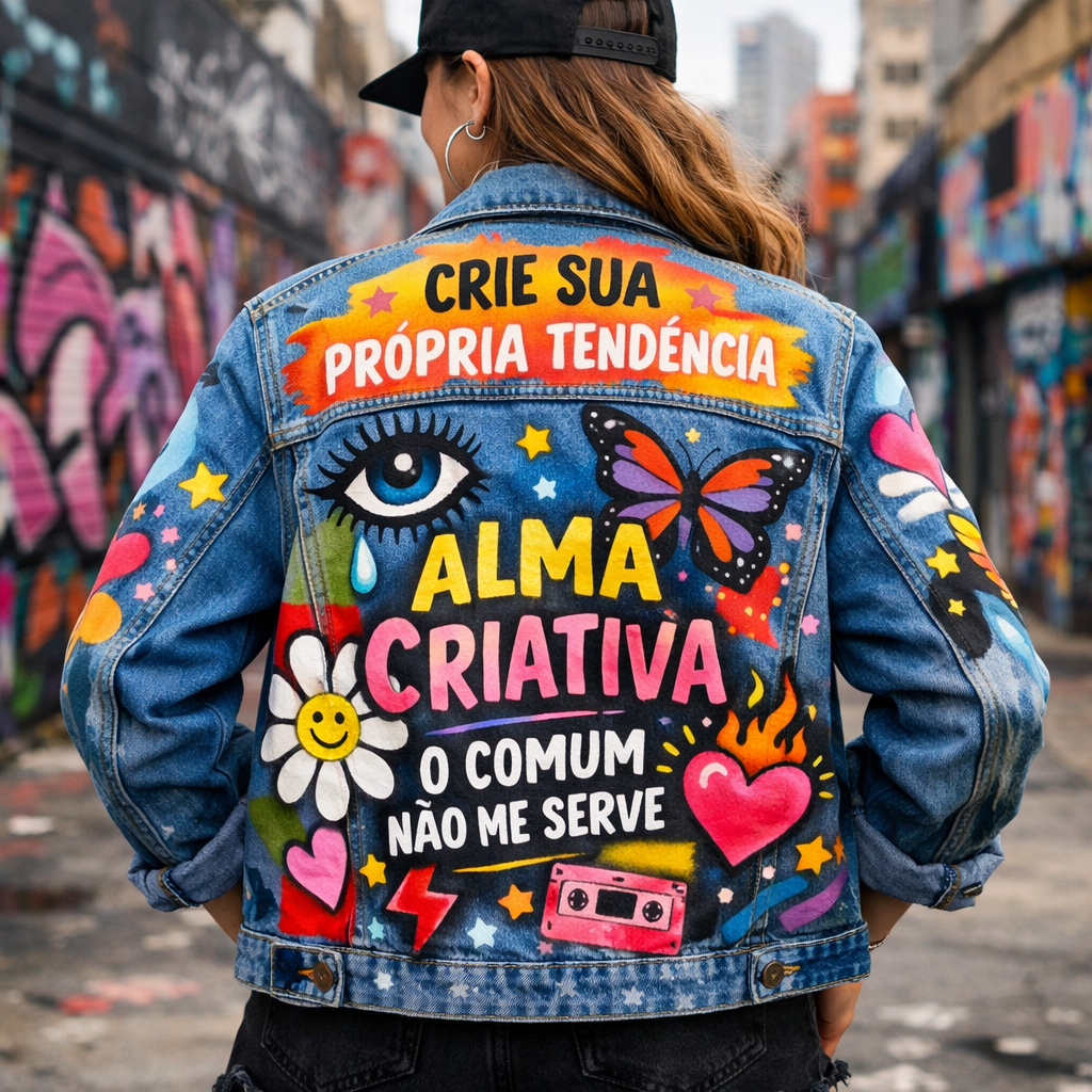 Jaqueta jeans personalizada com pintura criativa, moda jovem e artística com pegada sustentável.