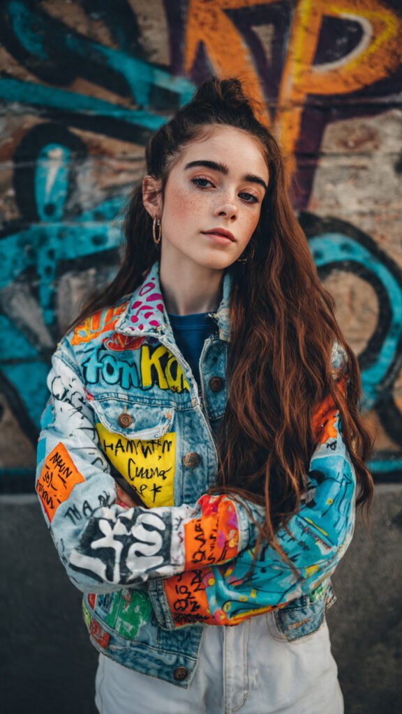 Jaqueta jeans personalizada com pintura criativa, moda jovem e artística com pegada sustentável.