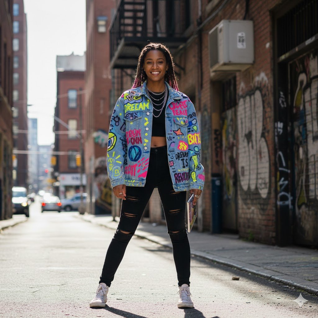 Jaqueta jeans personalizada com pintura criativa, moda jovem e artística com pegada sustentável.