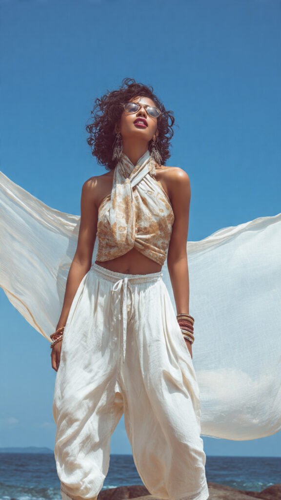 Look de verão sustentável com lenço amarrado como top, estilo boho chic para praia ou festival
