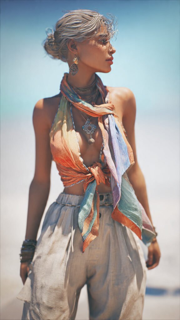 Look de verão sustentável com lenço amarrado como top, estilo boho chic para praia ou festival