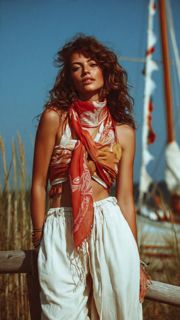 Look de verão sustentável com lenço amarrado como top, estilo boho chic para praia ou festival
