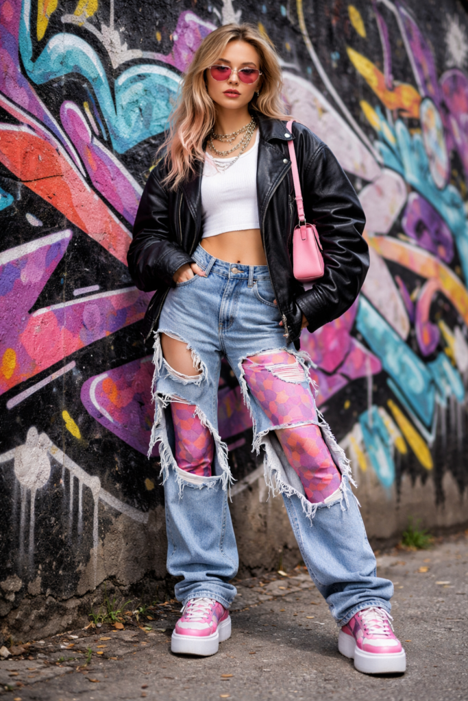 Moda urbana criativa: jeans rasgado combinado com meia-calça colorida, estilo fashionista sustentável.