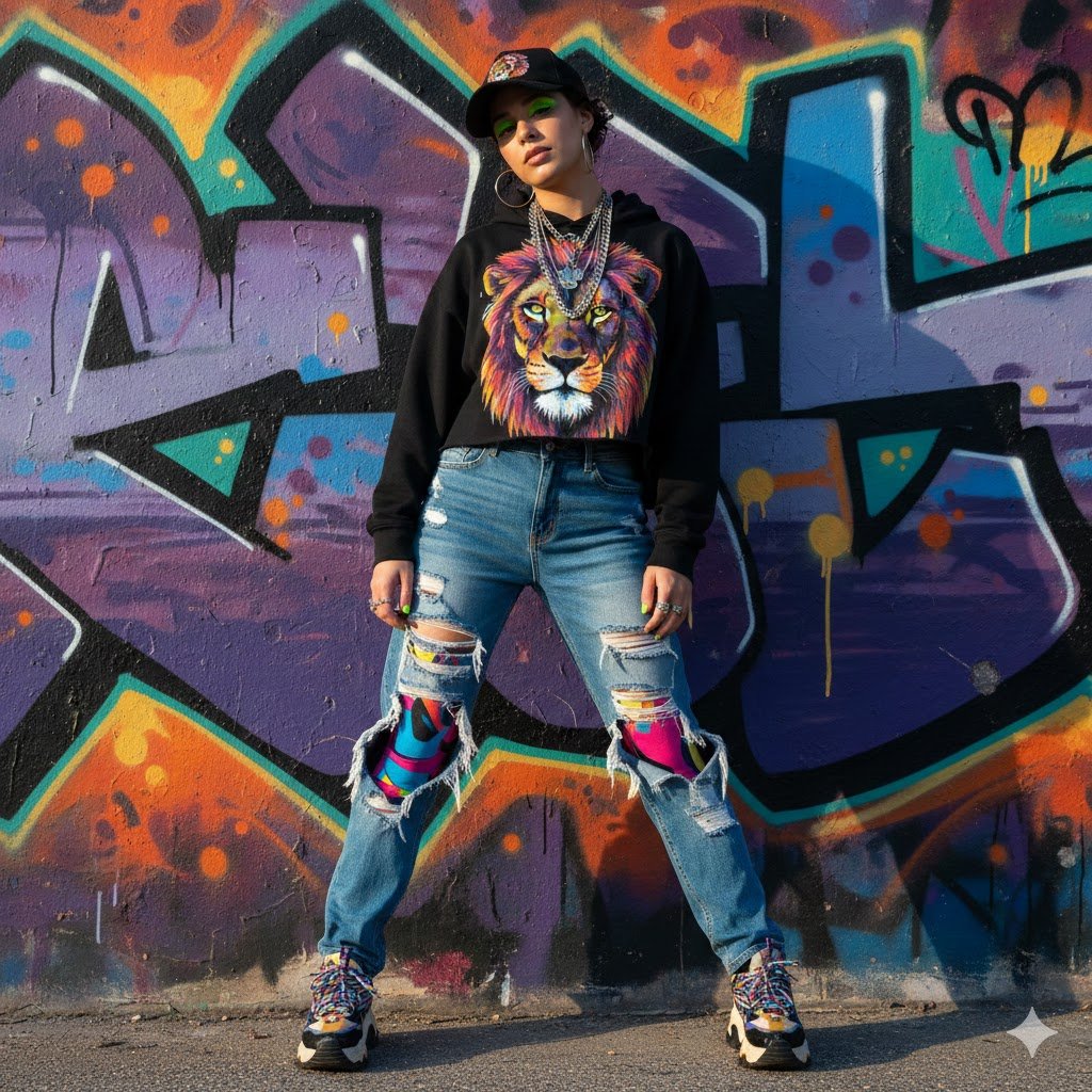 Moda urbana criativa: jeans rasgado combinado com meia-calça colorida, estilo fashionista sustentável.