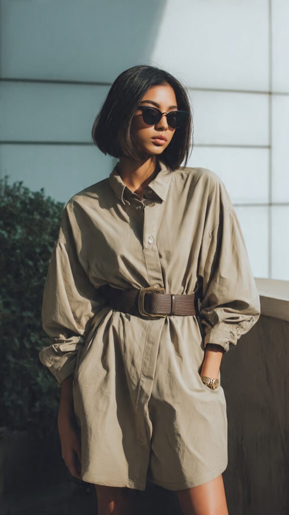 Camisa oversized usada como vestido com cinto, look casual sustentável