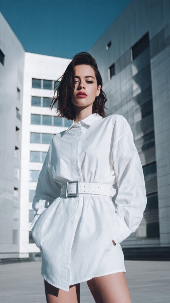 Camisa oversized usada como vestido com cinto, look casual sustentável