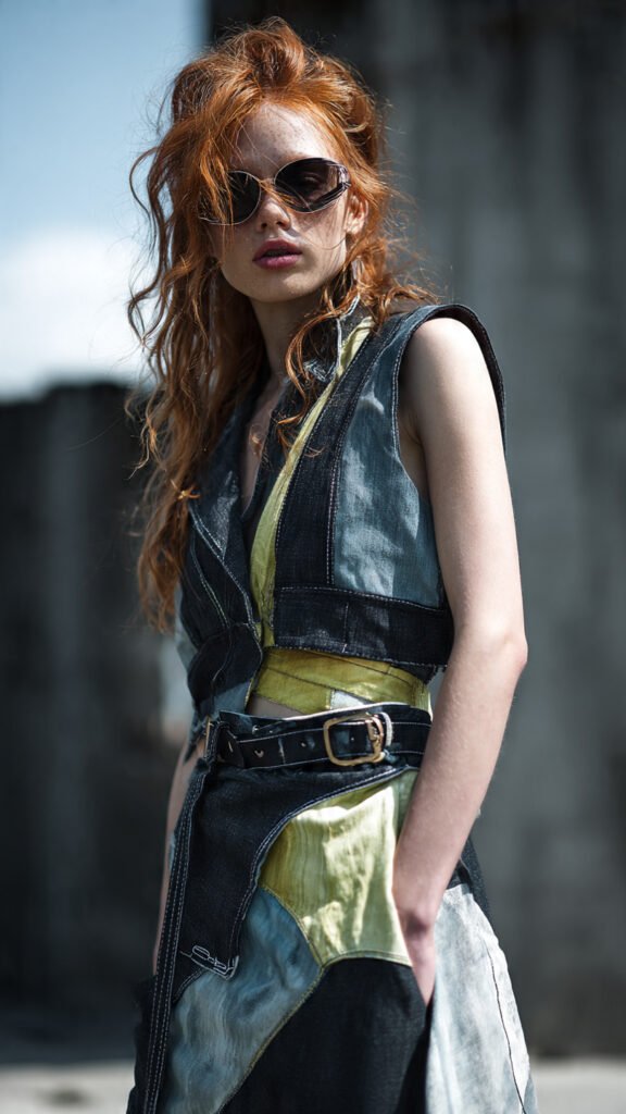 Saia jeans transformada em colete moderno, sobreposição criativa para looks urbanos sustentáveis