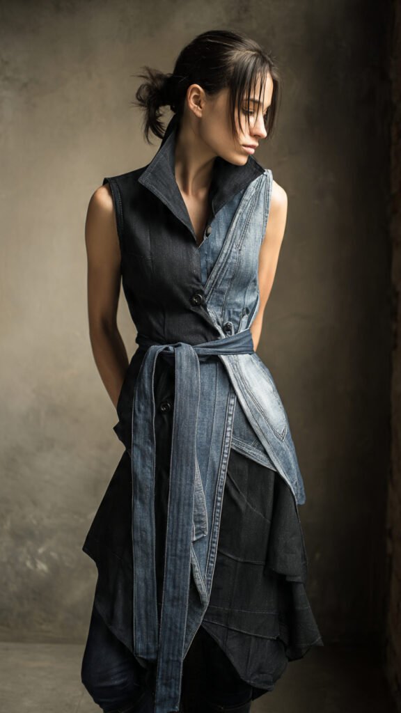 Saia jeans transformada em colete moderno, sobreposição criativa para looks urbanos sustentáveis