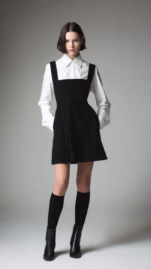 Vestido preto básico com sobreposição de camisa branca, look sofisticado e atual, cenário elegante minimalista