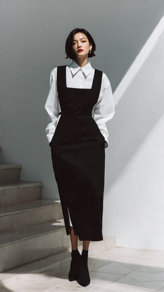 Vestido preto básico com sobreposição de camisa branca, look sofisticado e atual, cenário elegante minimalista