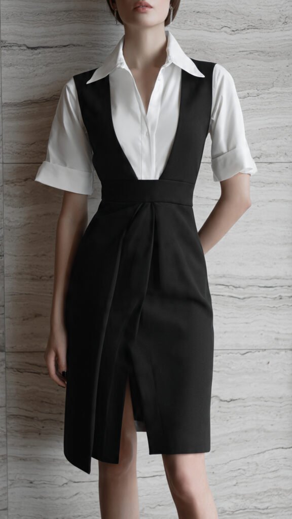 Vestido preto básico com sobreposição de camisa branca, look sofisticado e atual, cenário elegante minimalista
