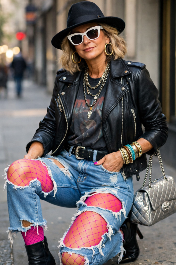 Moda urbana criativa: jeans rasgado combinado com meia-calça colorida, estilo fashionista sustentável.