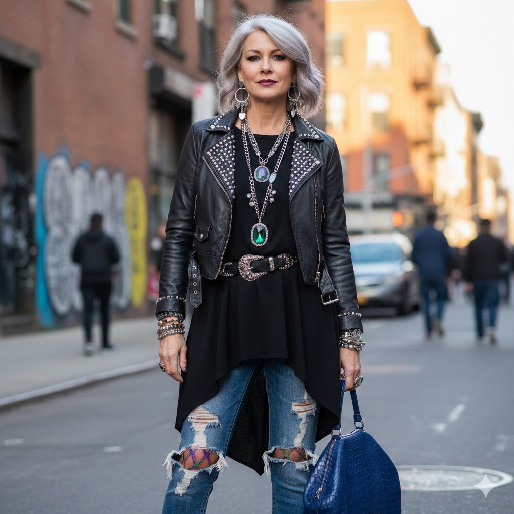 Moda urbana criativa: jeans rasgado combinado com meia-calça colorida, estilo fashionista sustentável.