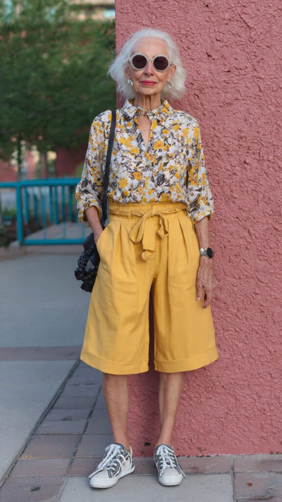 Calça flare reinventada em shorts modernos, look descontraído de verão com estilo sustentável.