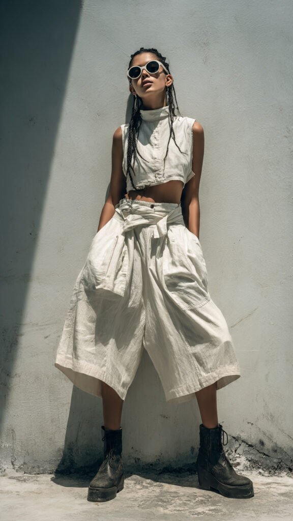 Calça flare reinventada em shorts modernos, look descontraído de verão com estilo sustentável.